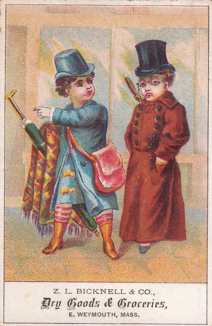 Z L Bicknell & Co Dry Goods East Weymouth MA Two Boy Men Overcoats Card c1880s