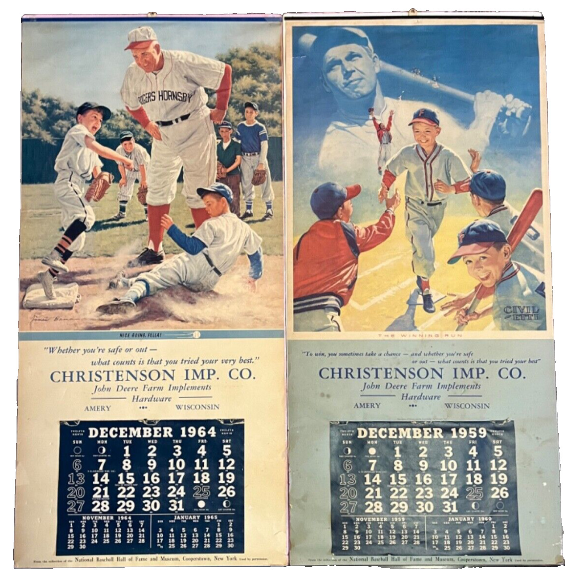 Christenson Implement Amery Wisconsin JOHN DEERE CALENDAR Baseball Vintage antiq