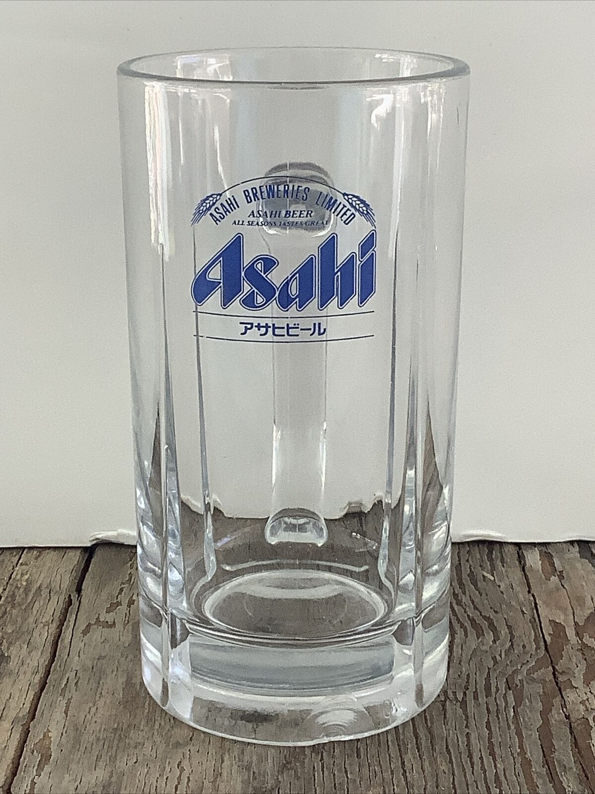 Asahi Beer Mug 12oz Japanese Brewery Collectible Blue Print Logo Drinking Glass