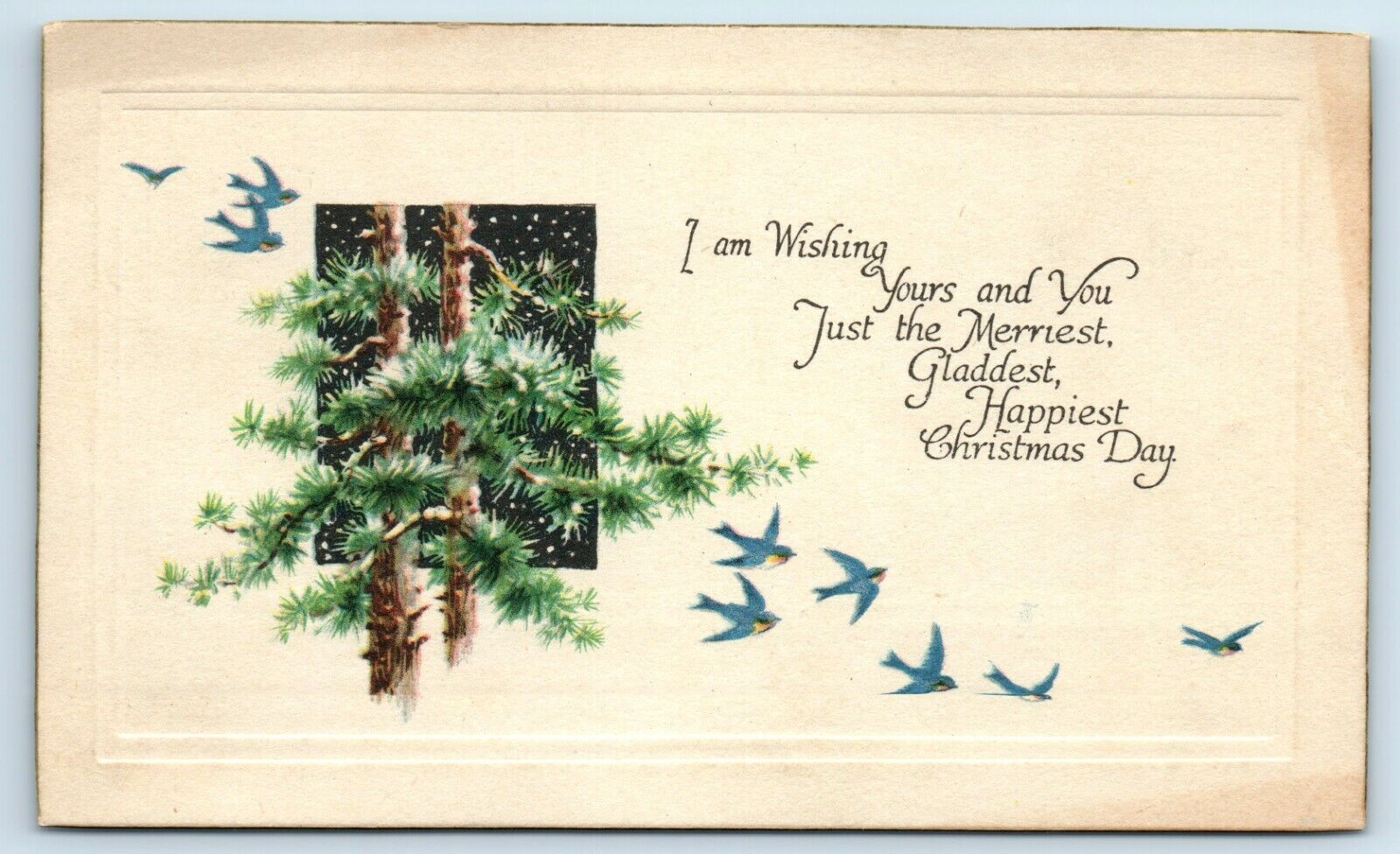 Postcard Wishing You Just the Merriest, Christmas Day greetings birds J97
