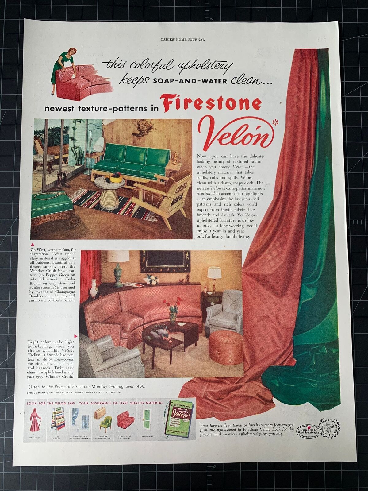 Vintage 1951 Firestone Velon Upholstery Print Ad