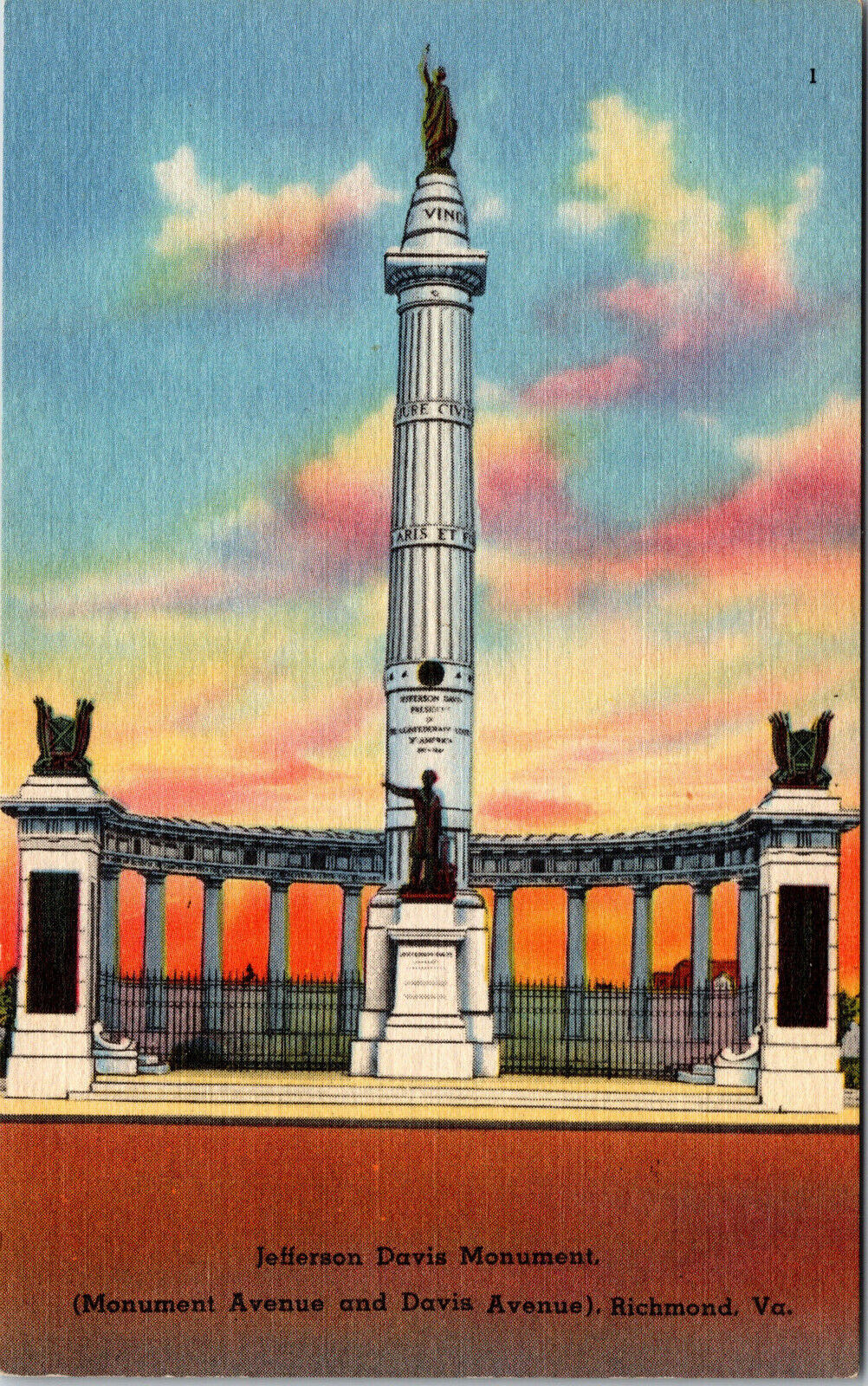 Postcard Jefferson Davis Monument Richmond VA. Linen Card 1930-1945