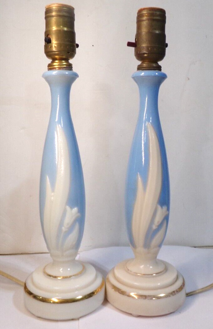 Vintage Aladdin ALACITE Art Deco Glass Vanity Lamps Blue & White Floral PAIR