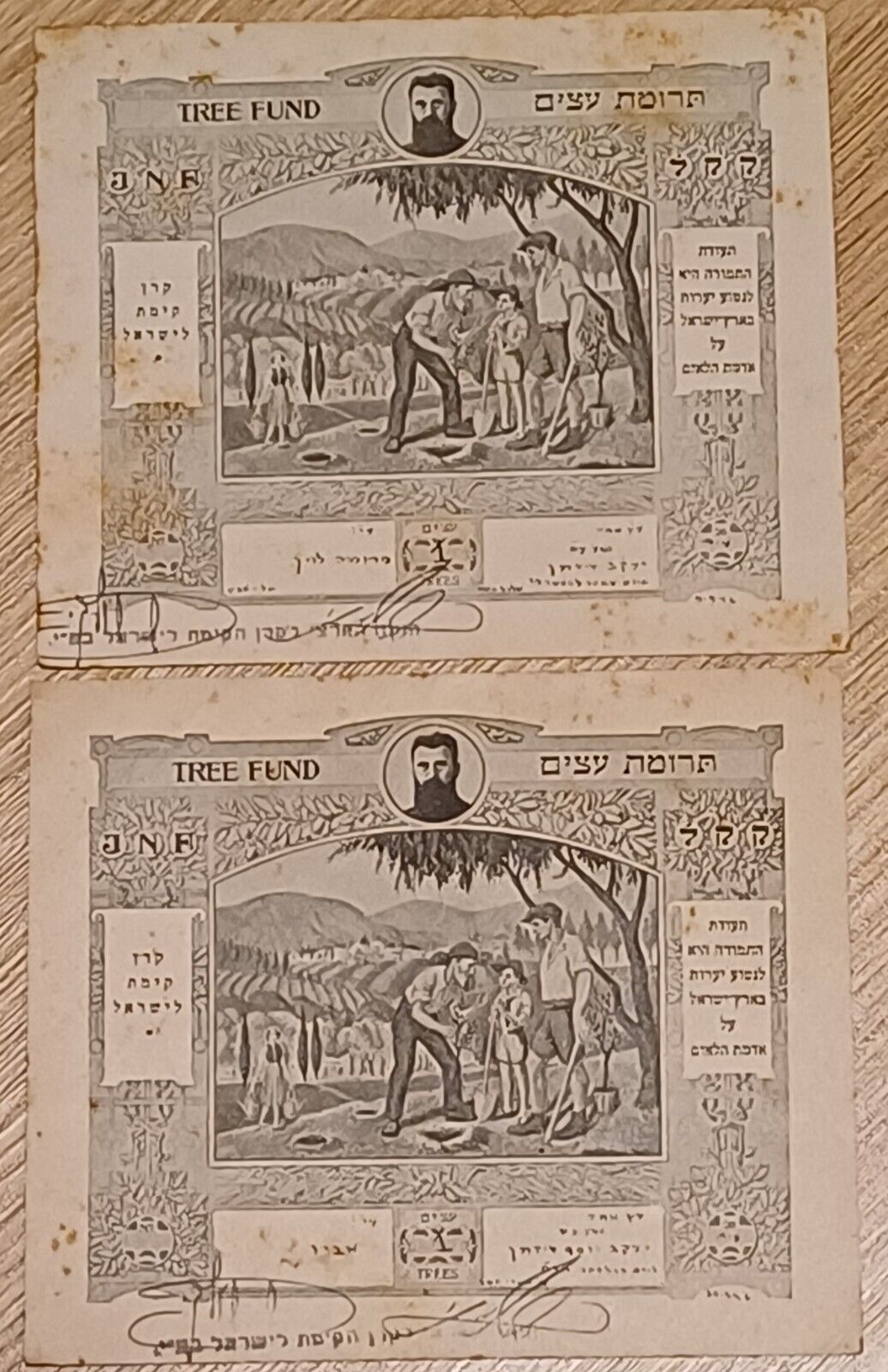 Judaica 1946 JNF KKL 2 DONATION TREE FUND CARDS  ERETZ ISRAEL PALESTINE Dr HERZL
