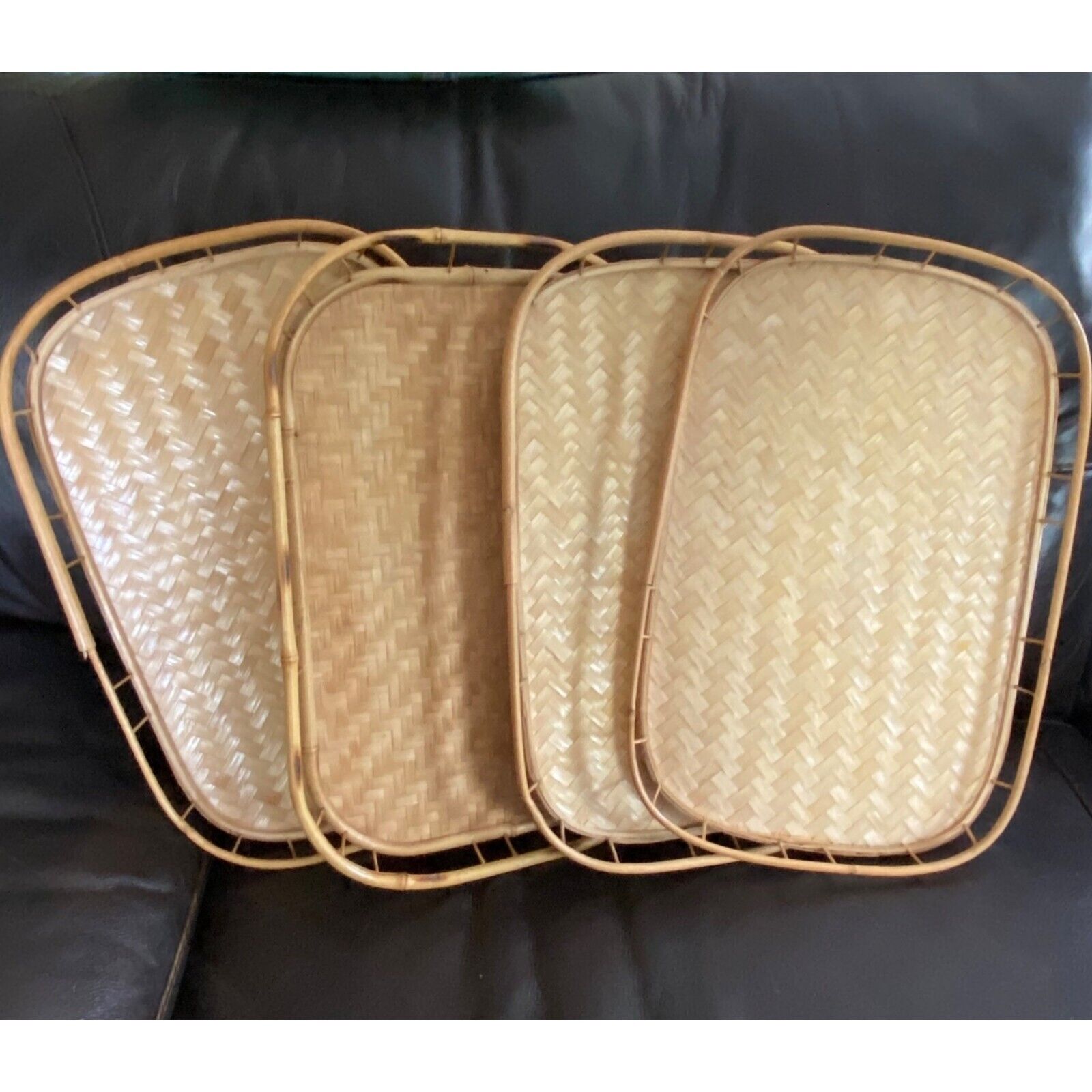 dinner drink trays 4 MCM wooden serving  vintage woven bamboo mid century
