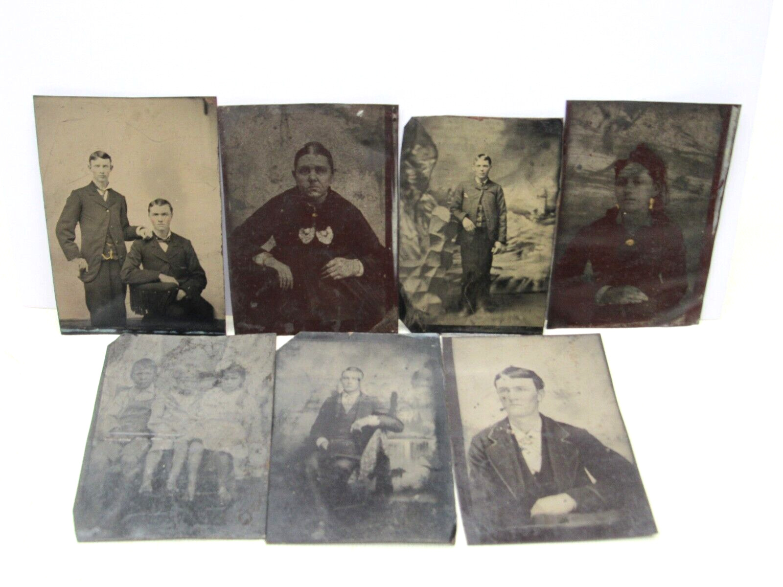7 Antique Tintype Photographs Young Man Pretty Girl Woman Children Lot