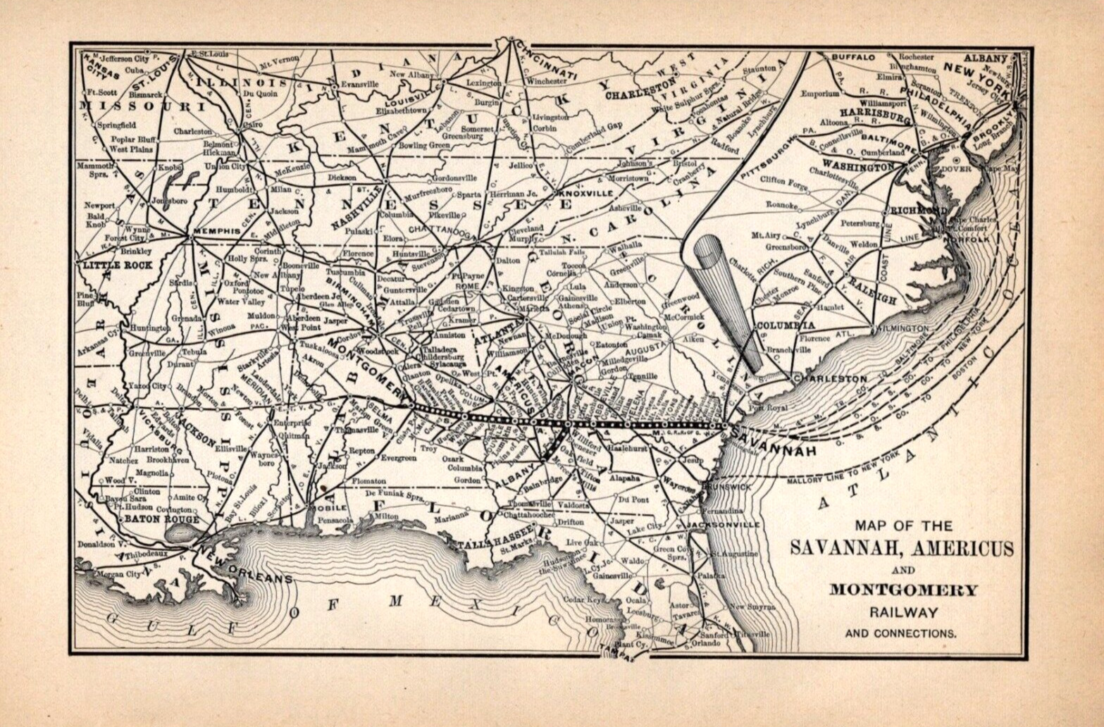 1892 Savannah, Americus, & Montgomery Railway Map Vintage Railroad Map 1350