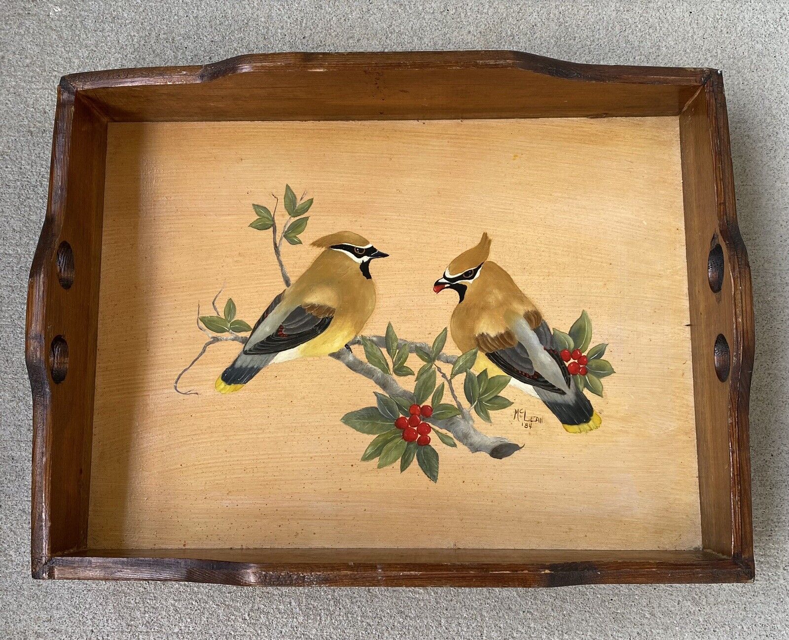 Vintage Hand Painted Bird Wooden Decorative Serving Tray 11.5x15.5x3in.