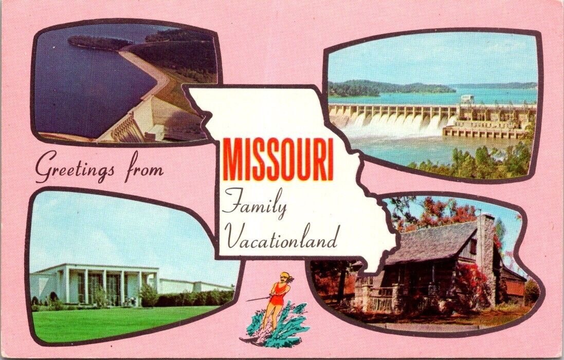 Missouri Family Vacationland Waterskiing Sunglasses Multiview Vintage Postcard