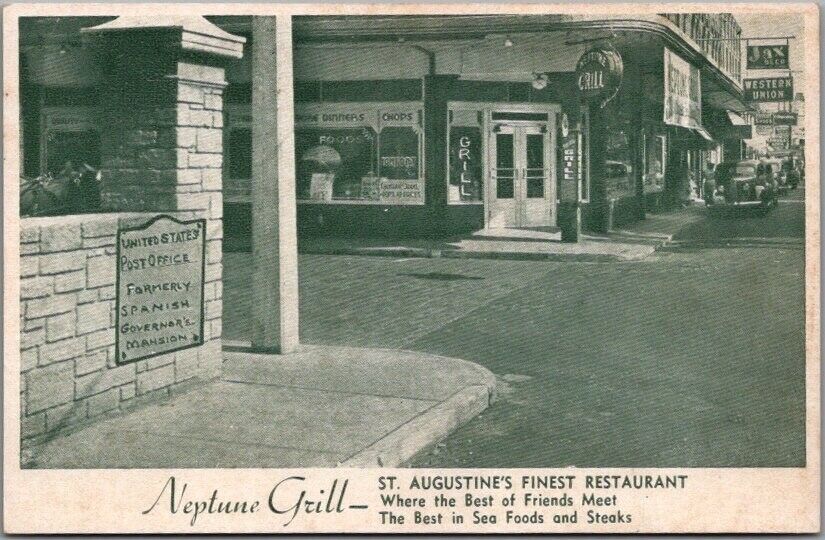St. Augustine, Florida Postcard NEPTUNE GRILL RESTAURANT Street View c1940s