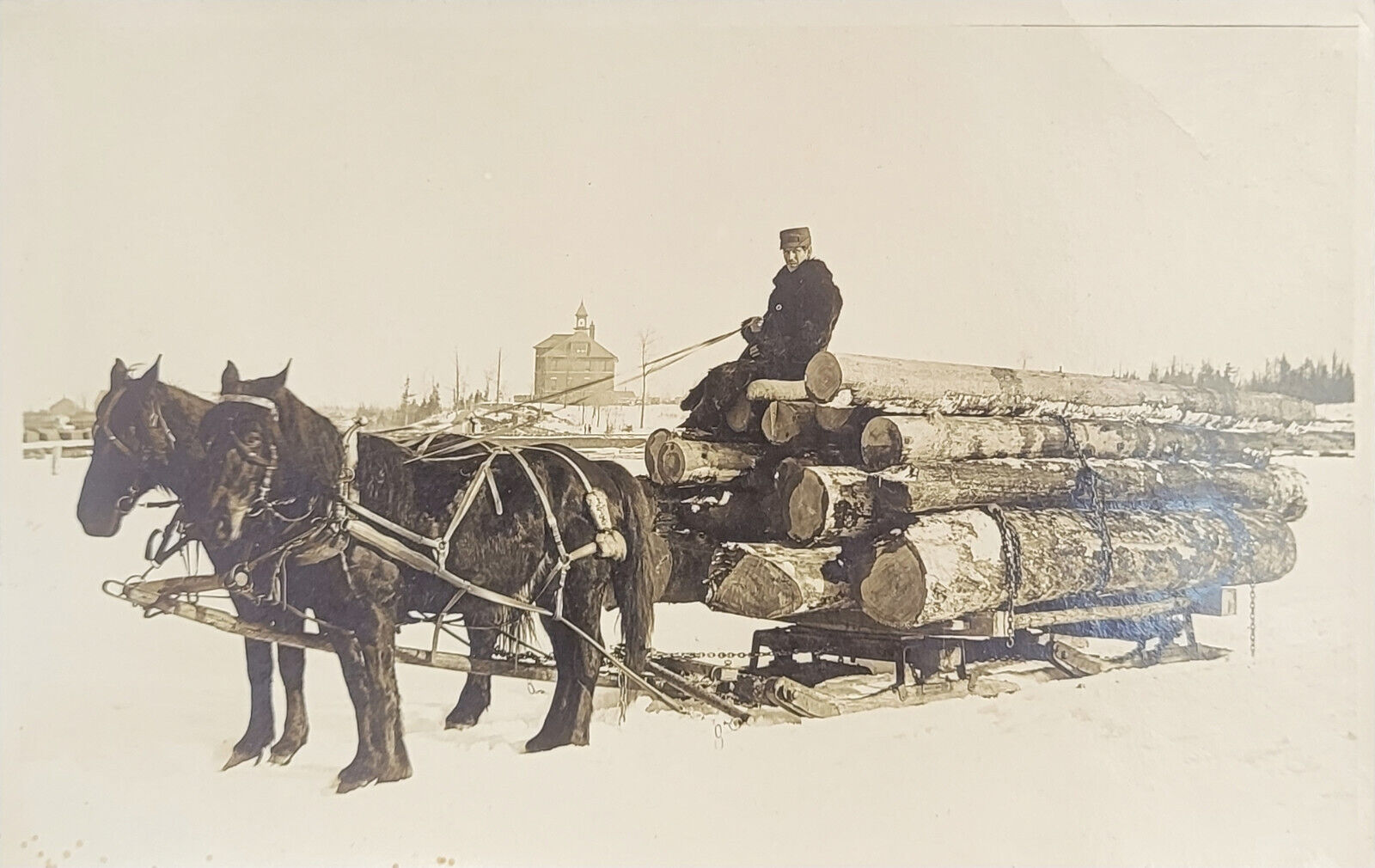 RPPC AZO 1904-1918 Horse Drawn Logging Sled Winter w/ Church Midwest