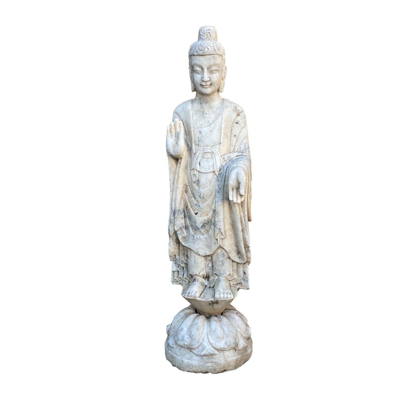 Chinese White Gray Marble Stone Standing Abhaya Mudra Buddha Statue cs7224