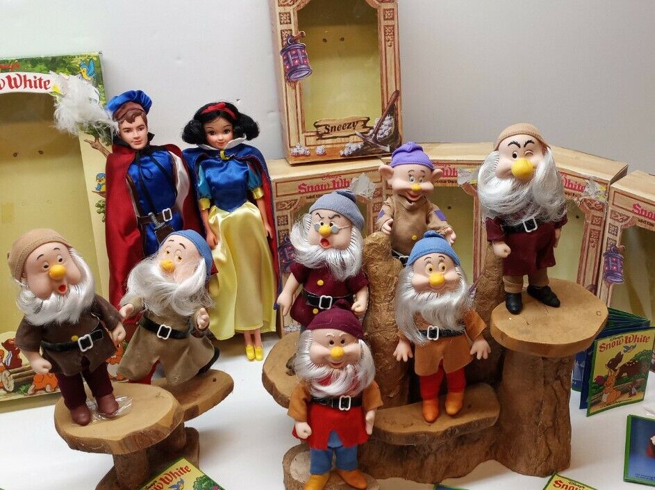 Vintage 1980s Bikin Snow White And The Seven Dwarfs Doll Set complete w/ prince