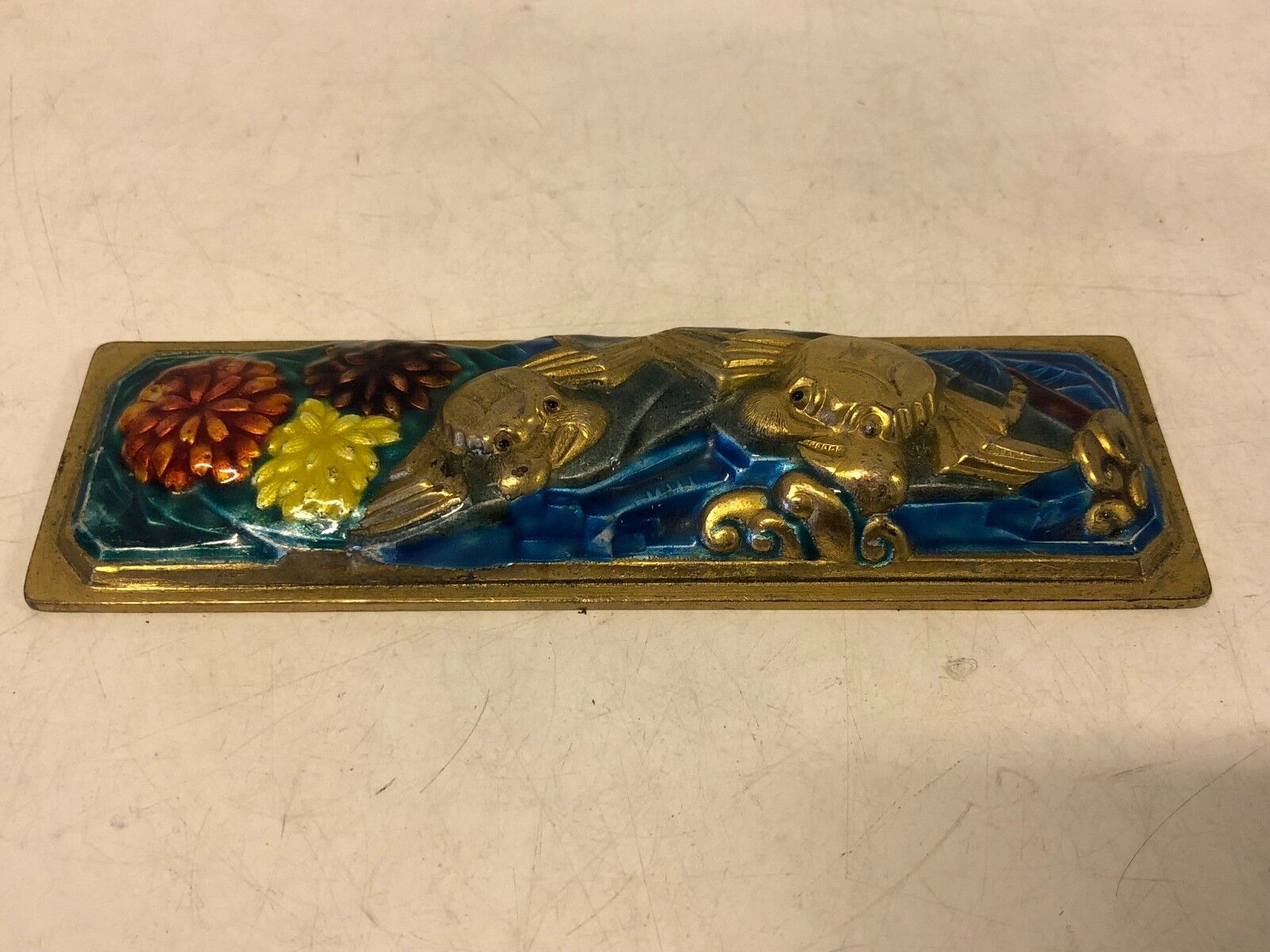 Vintage Possibly Antique Brass Enamel Paperweight with Crab Decorations