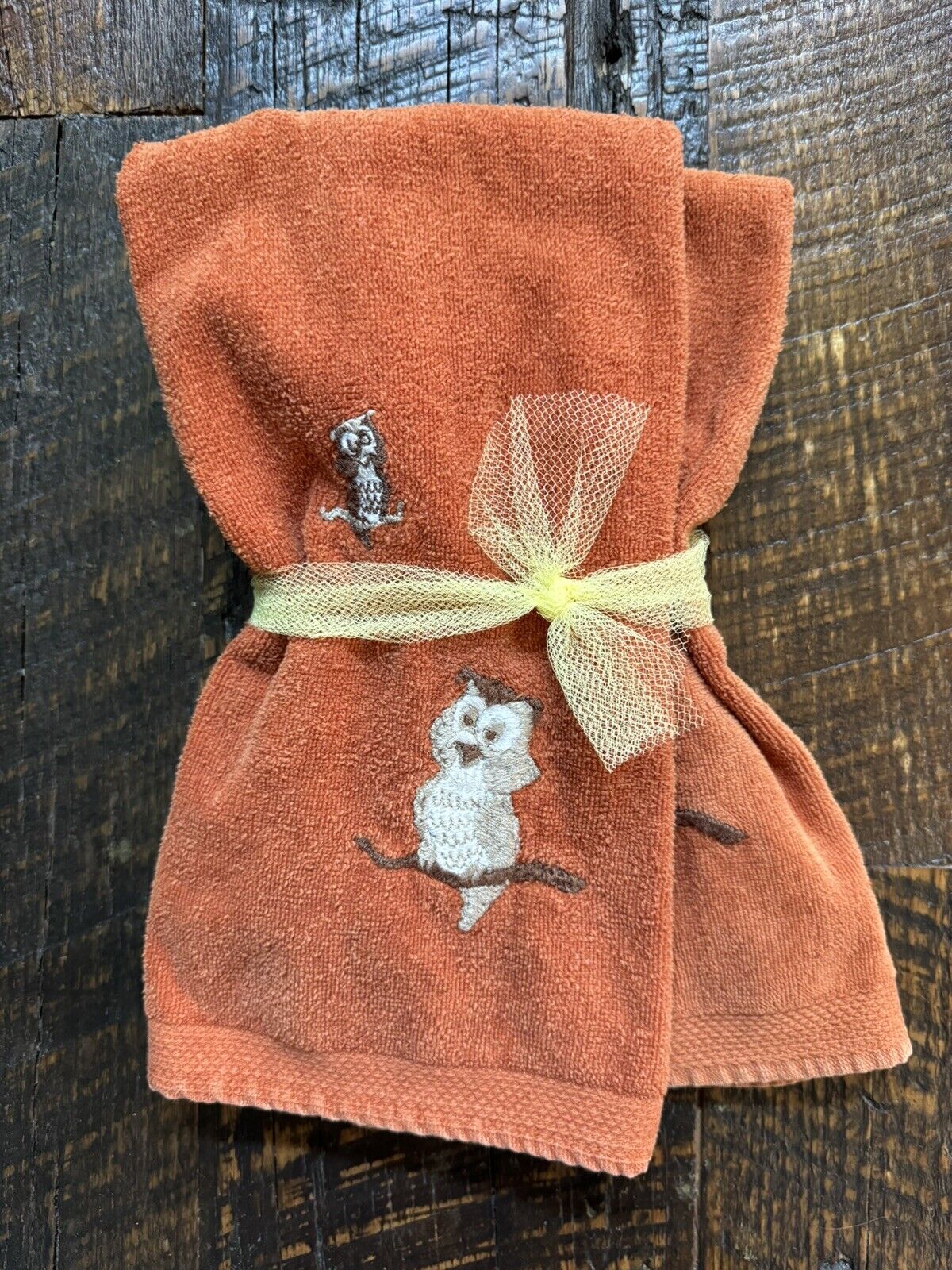 Vintage Martex Burnt Orange Embroidered Owl Cotton Hand Towel 25\