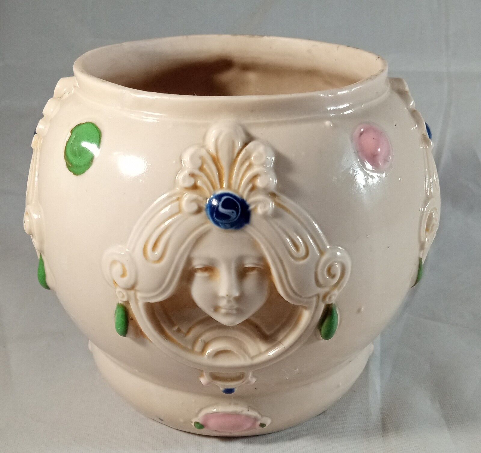 Schafer & Vater Jeweled Art Nouveau Pink Lady Face Vanity Hair Receiver No Lid