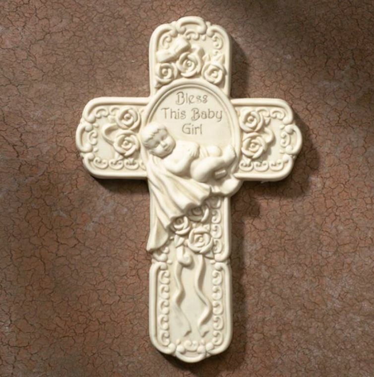Bless This Baby Girl Resin Wall Cross with Deluxe Gift Box Home Decor, 7 In
