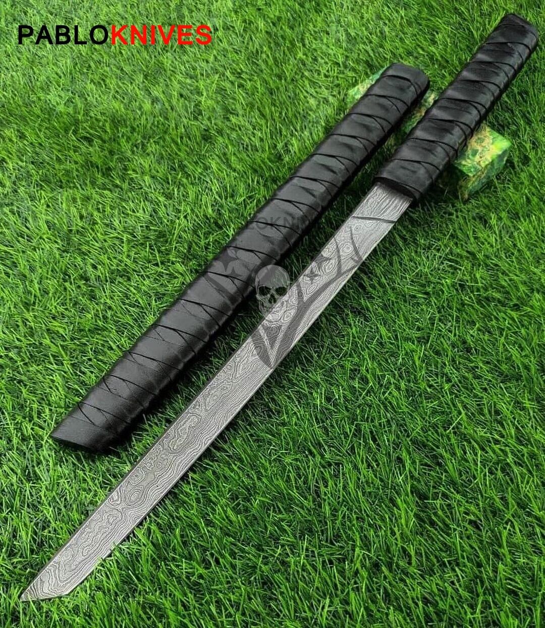 Rare Custom Handmade Damascus Steel Hunting Tanto Blade Sword With Leather Grip 