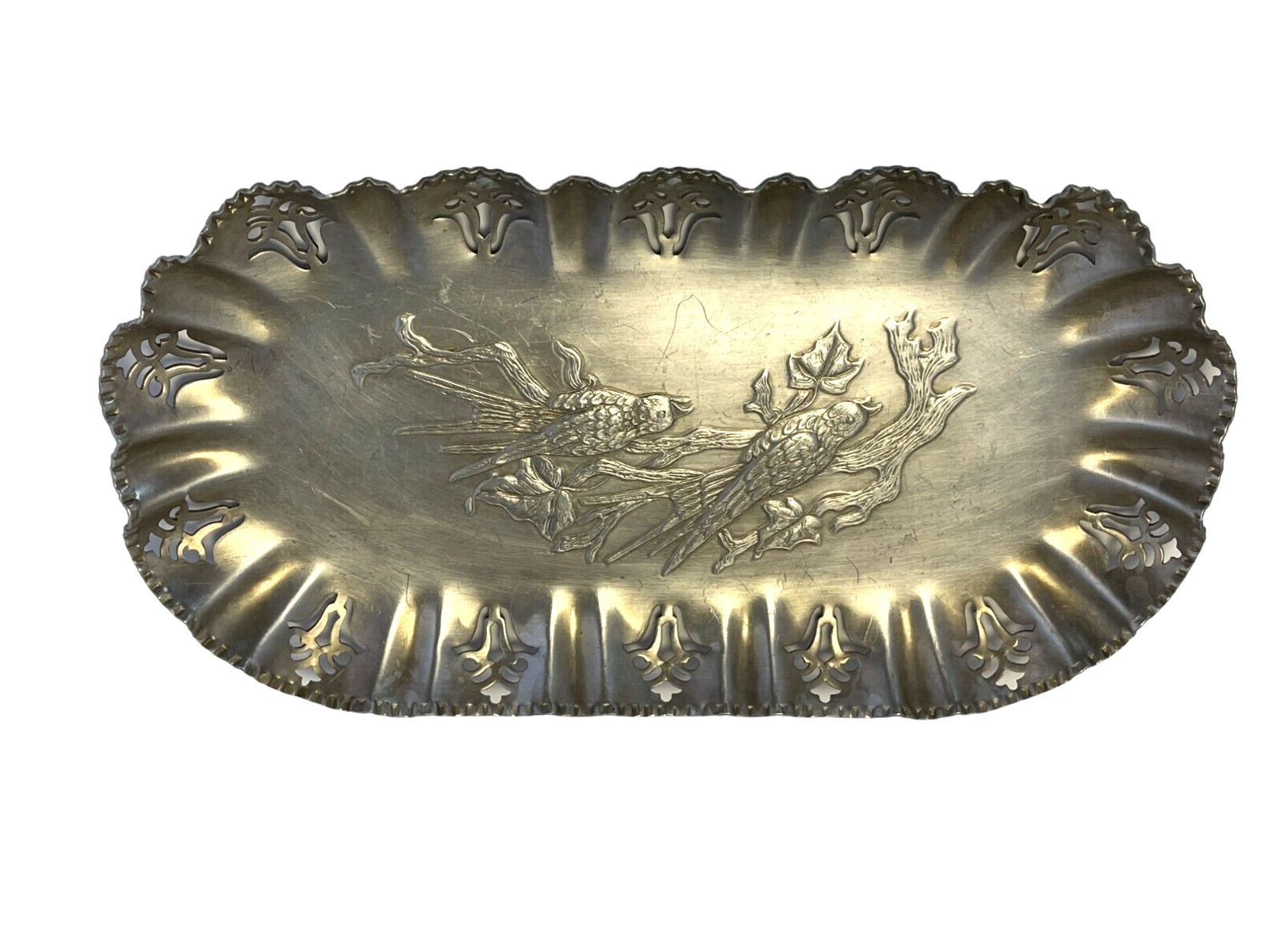 Vintage  FARBER & SHLEVIN Inc. Hand Wrought Aluminum Serving Tray Repousse Birds