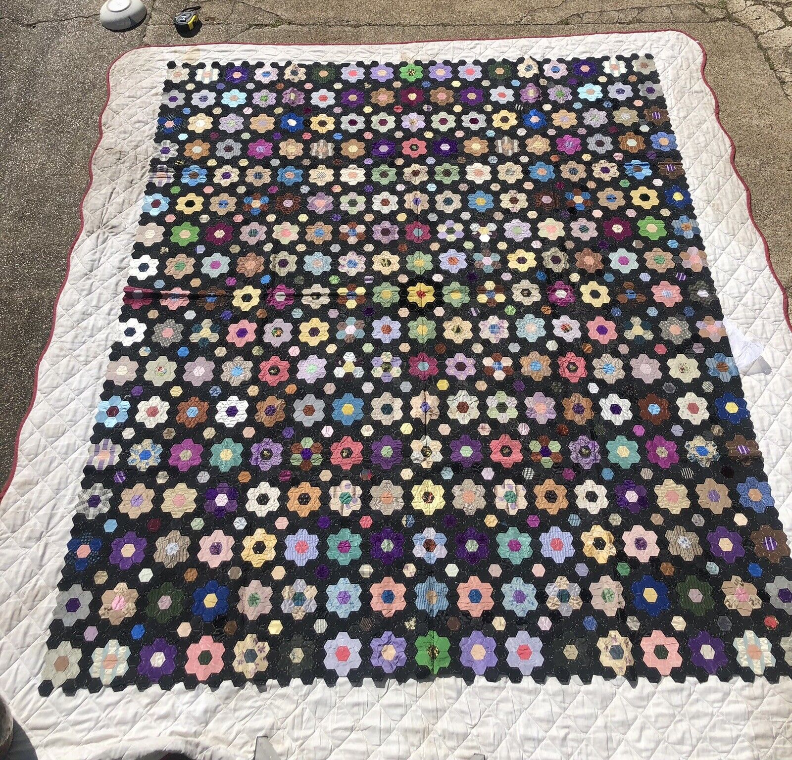 Vintage. Antique. Hexagon patchwork.Silk Quilt. Circa 1900. Museum Piece.