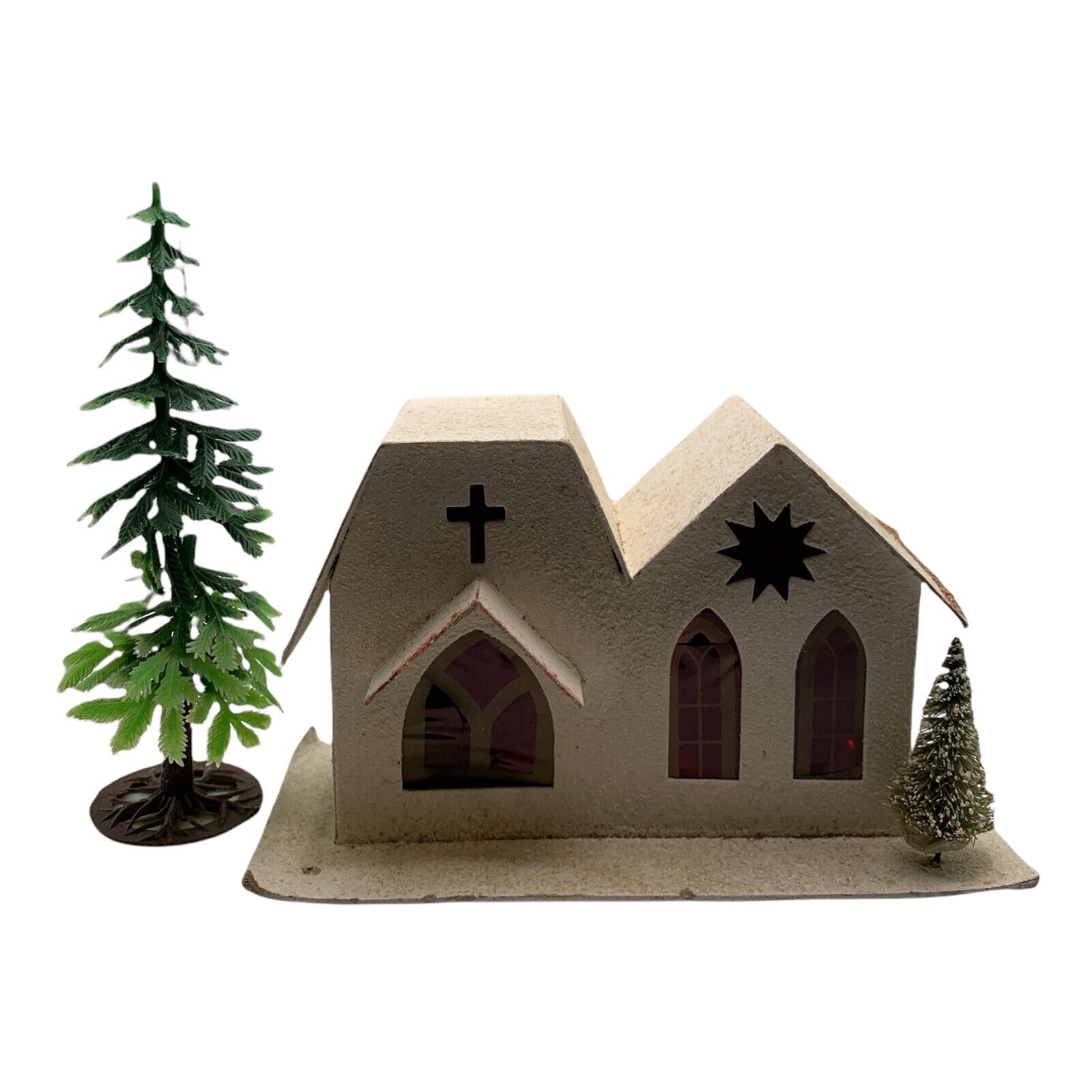 Vintage Christmas Church Putz Japanese Cardboard Village Mica Tree Holiday Cross