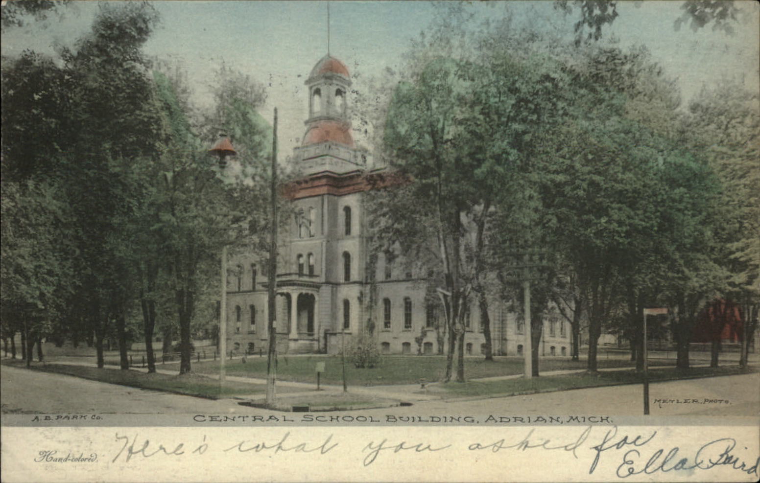 Adrian Michigan Central School Building hand colored 1907 postcard Camden NJ