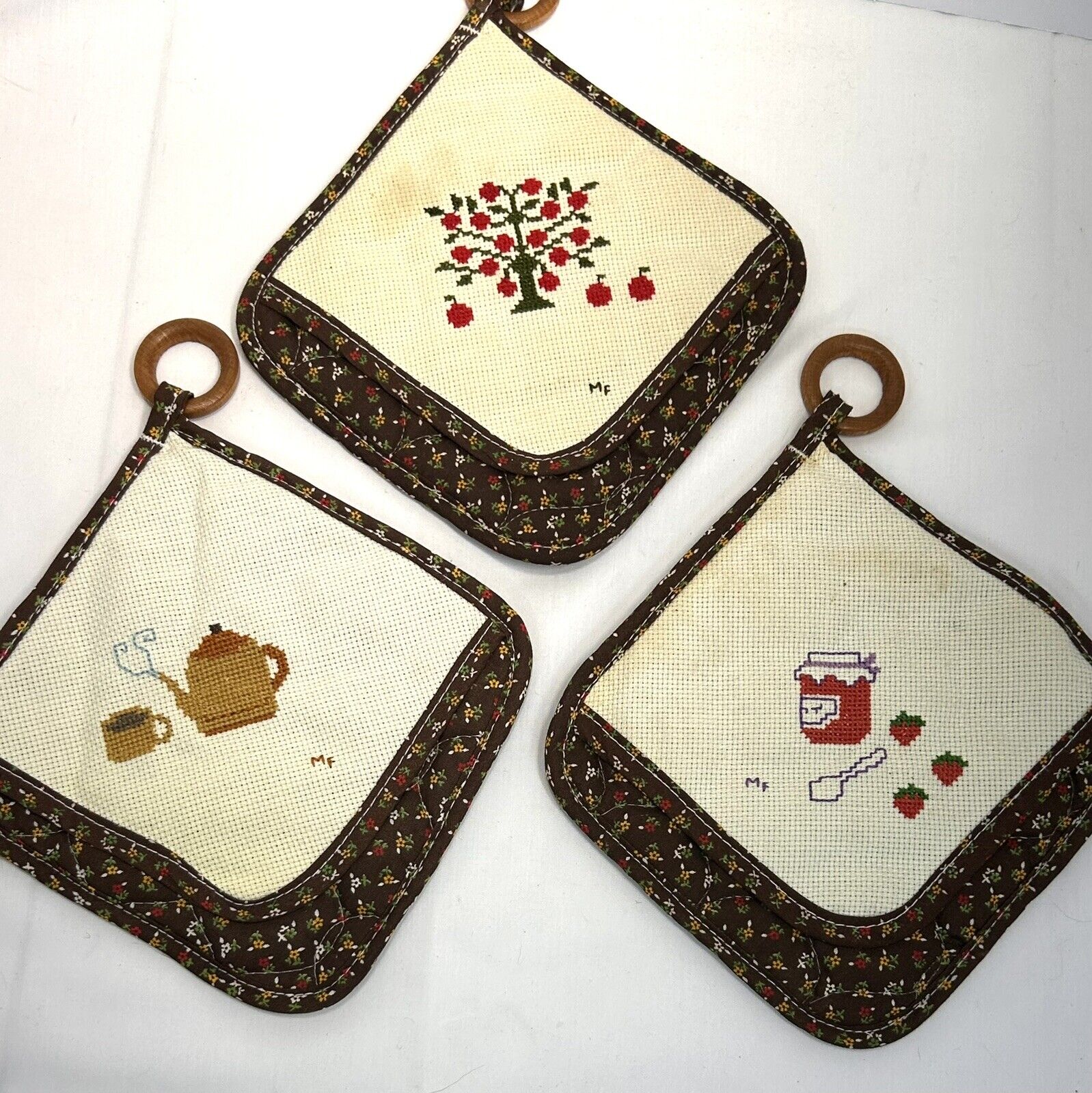 Vintage 3 Pc Potholder Set Hand Cross Stitched Embroidered Tea Pot