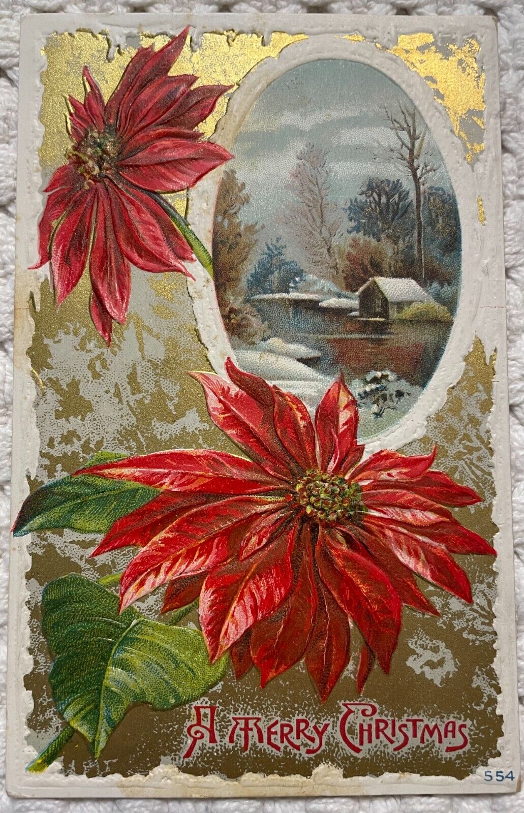 Poinsettia Merry Christmas postcard Winter Snow Scene