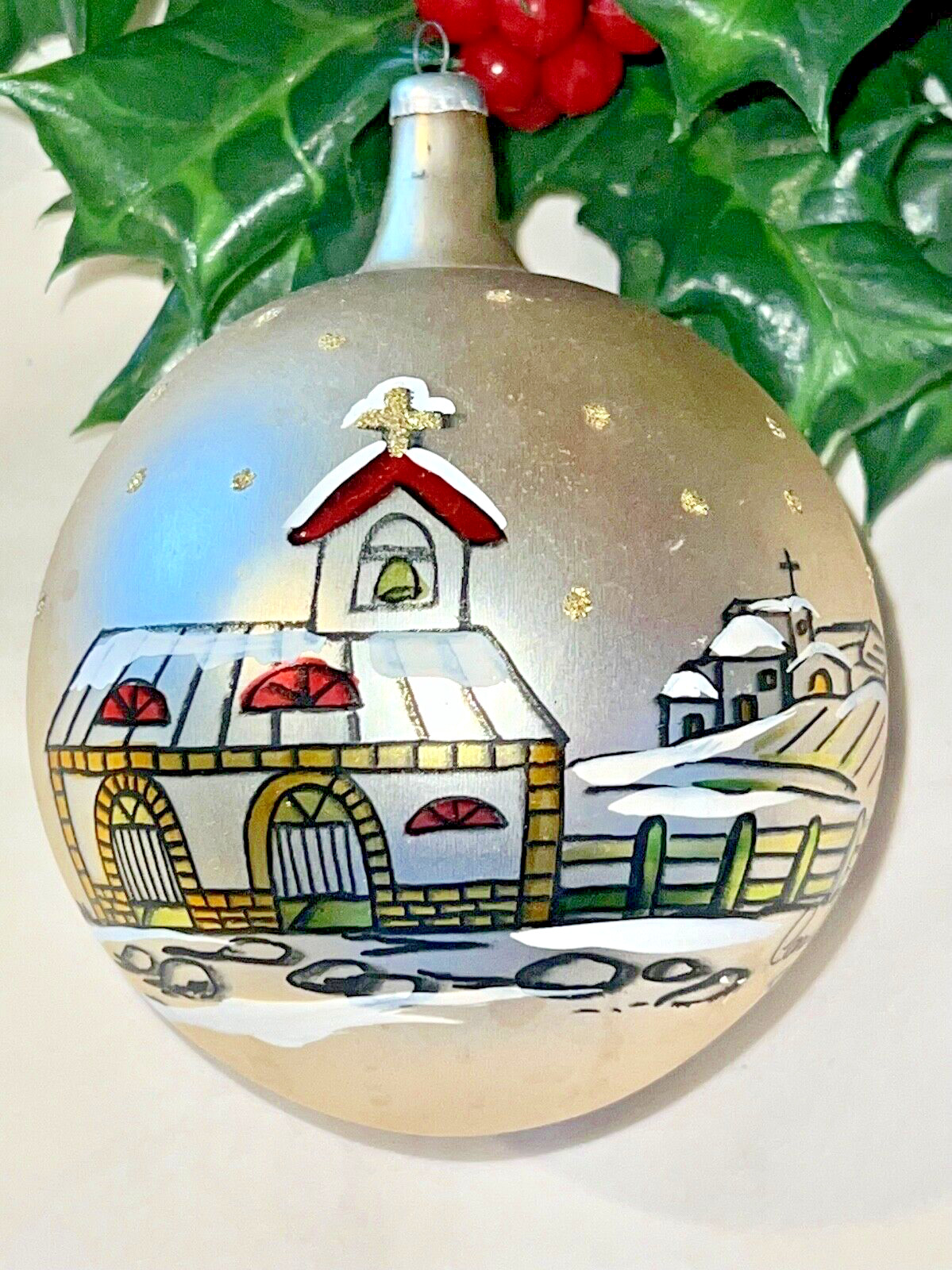 Vintage ITALY Hand Painted WINTER CHURCH SCENE Christmas Ornament GLASS Signed
