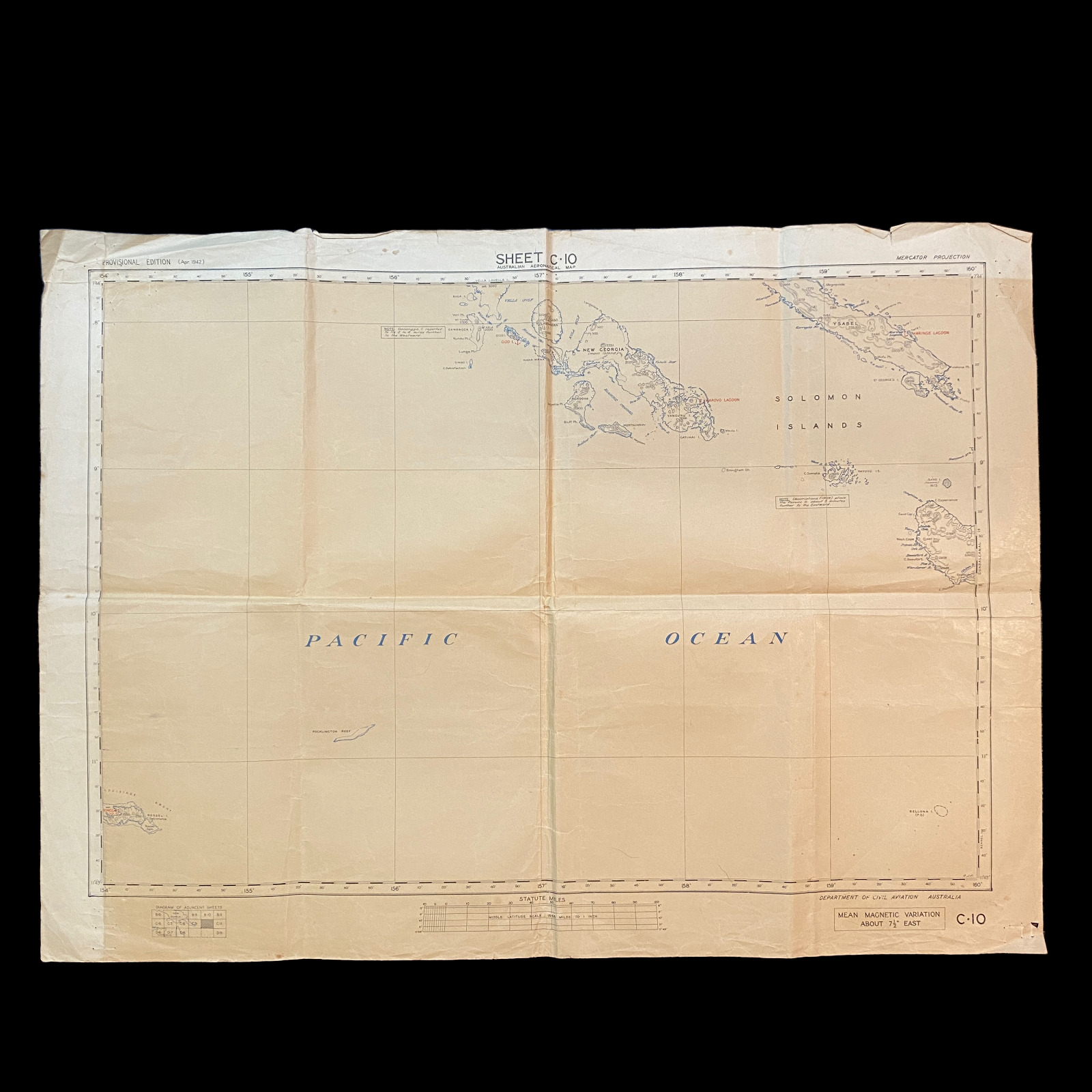 RARE Original 1942 Early WWII Solomon Islands Campaign Australian Air Map