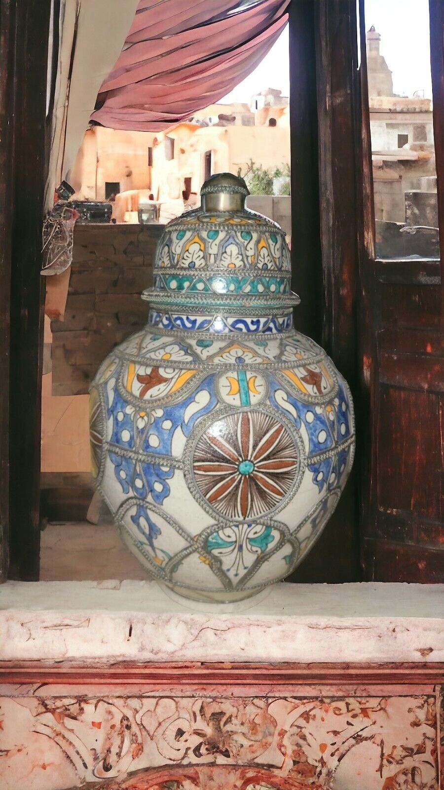 Maroccan Fez Ceramic Ginger Jar Urn Vase Lid w/ Filigree Silver Nickel Work 20\