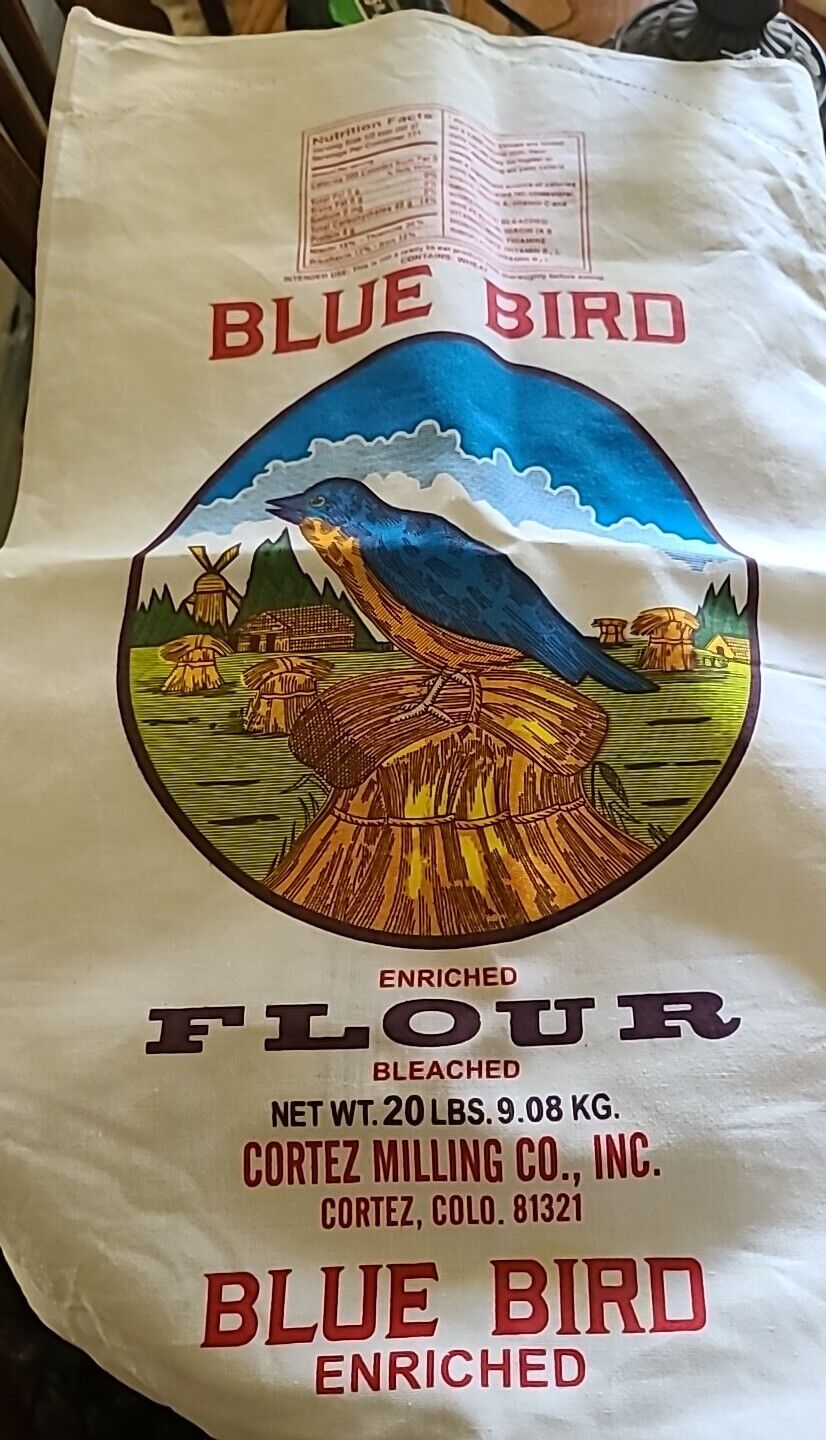 3 Blue Bird Flour Sacks 20lb Empty Great Condition. And Grocery Sack Holder.
