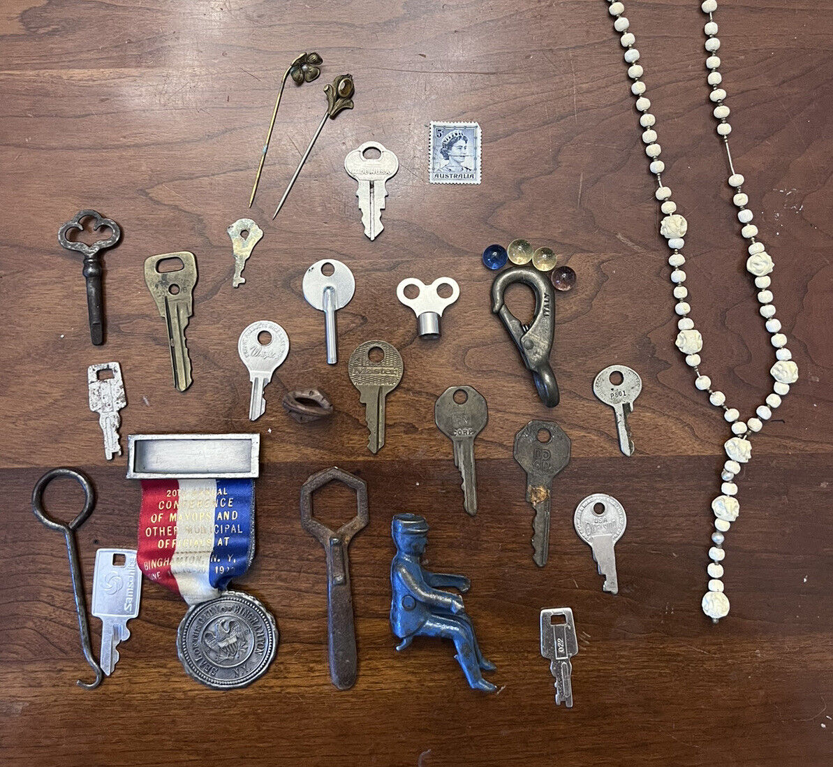 Junk Drawer Antique-Vintage Medal, Keys, Hair Pins, Mini Glass Marbles, Rosary