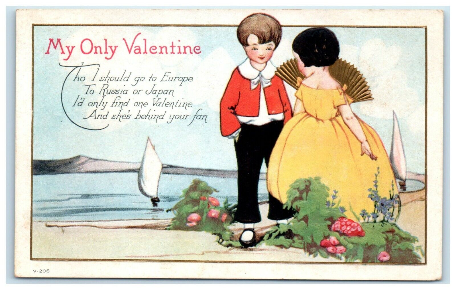 POSTCARD Vintage Valentines Embossed Tho I should go to Europe Russia Japan Boat