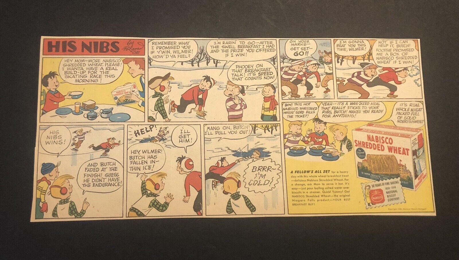 1940’s His Nibs Nabisco Shredded Wheat Ice Skating Comic Newspaper Ad