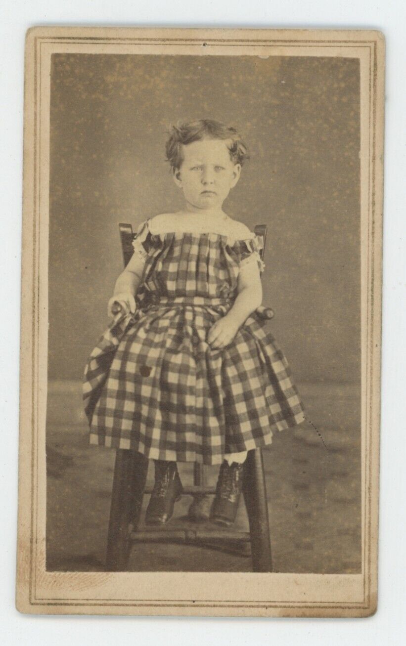 Antique ID\'d CDV c1860s Adorable Girl Named Minnie Brownlee Sitting in Dress