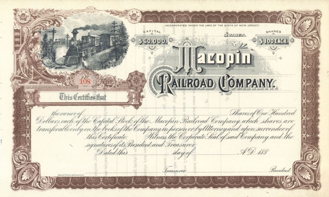 Macopin Railroad Co. - Unissued Railroad Stock Certificate - Railroad Stocks