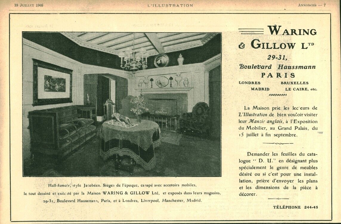 Waring & Gillow Ldt Paris 1908 Vintage Furniture Advertisement