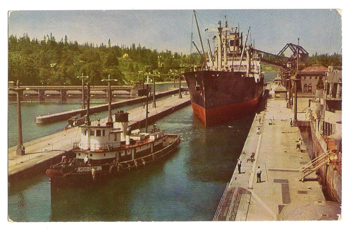 Seattle WA Postcard Locks Ship