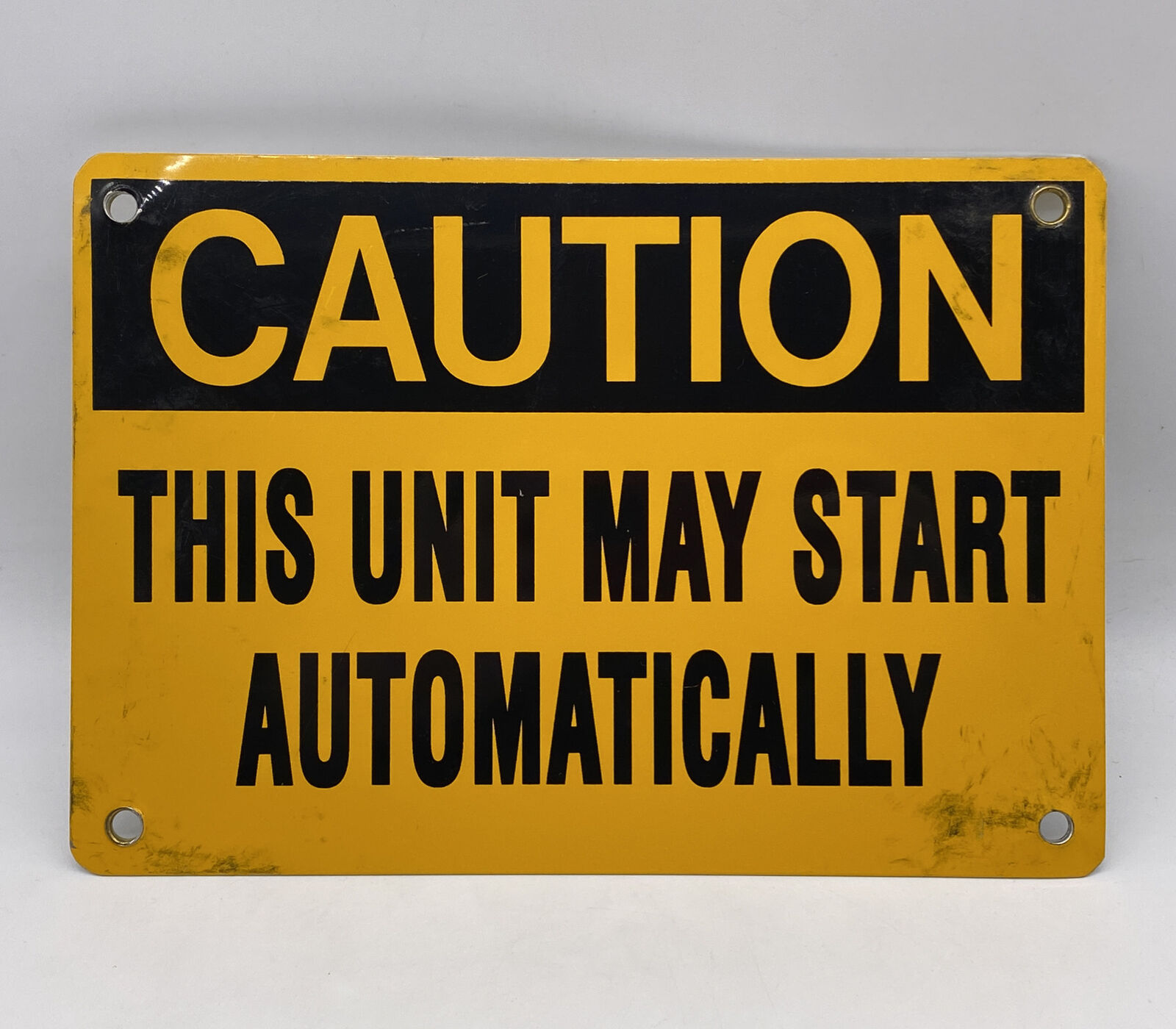 Vintage Metal Caution This Unit May Start Automatically Sign Plaque