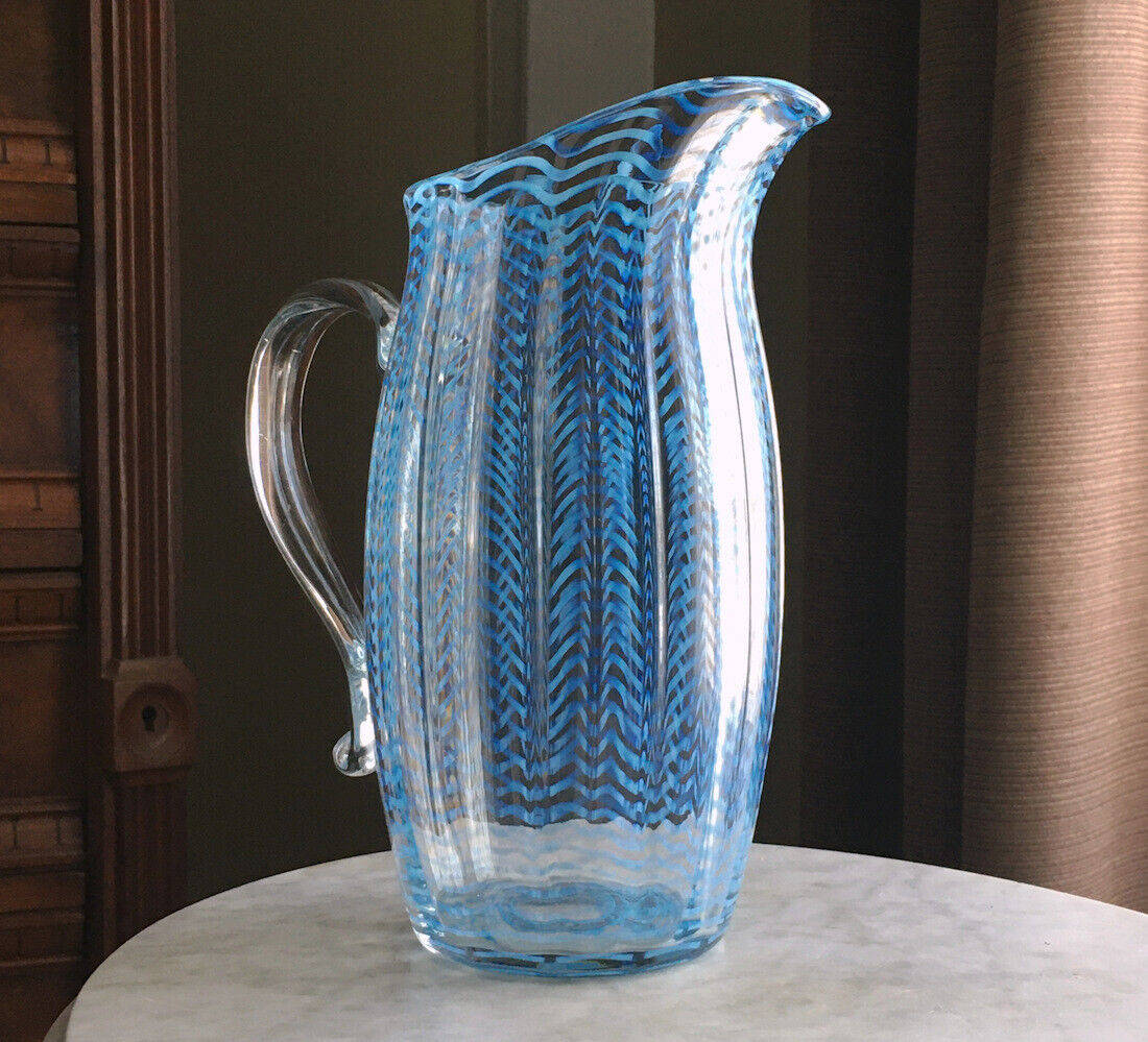 Antique Signed Libbey Nash Art Glass Blue Wave Herringbone PITCHER 10\