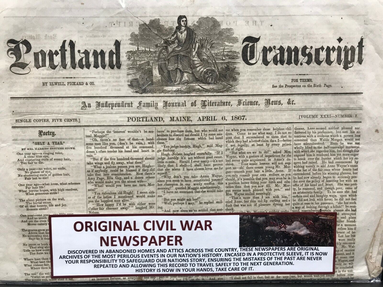 Original POST Civil War Newspaper - Portland Transcript - April 6, 1867