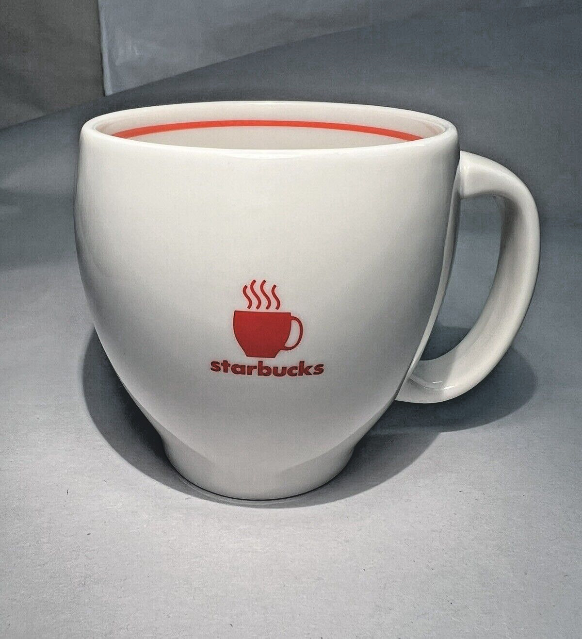 2004 STARBUCKS Abbey Barista Mug White RED Steaming Coffee Cup Logo Red Trim