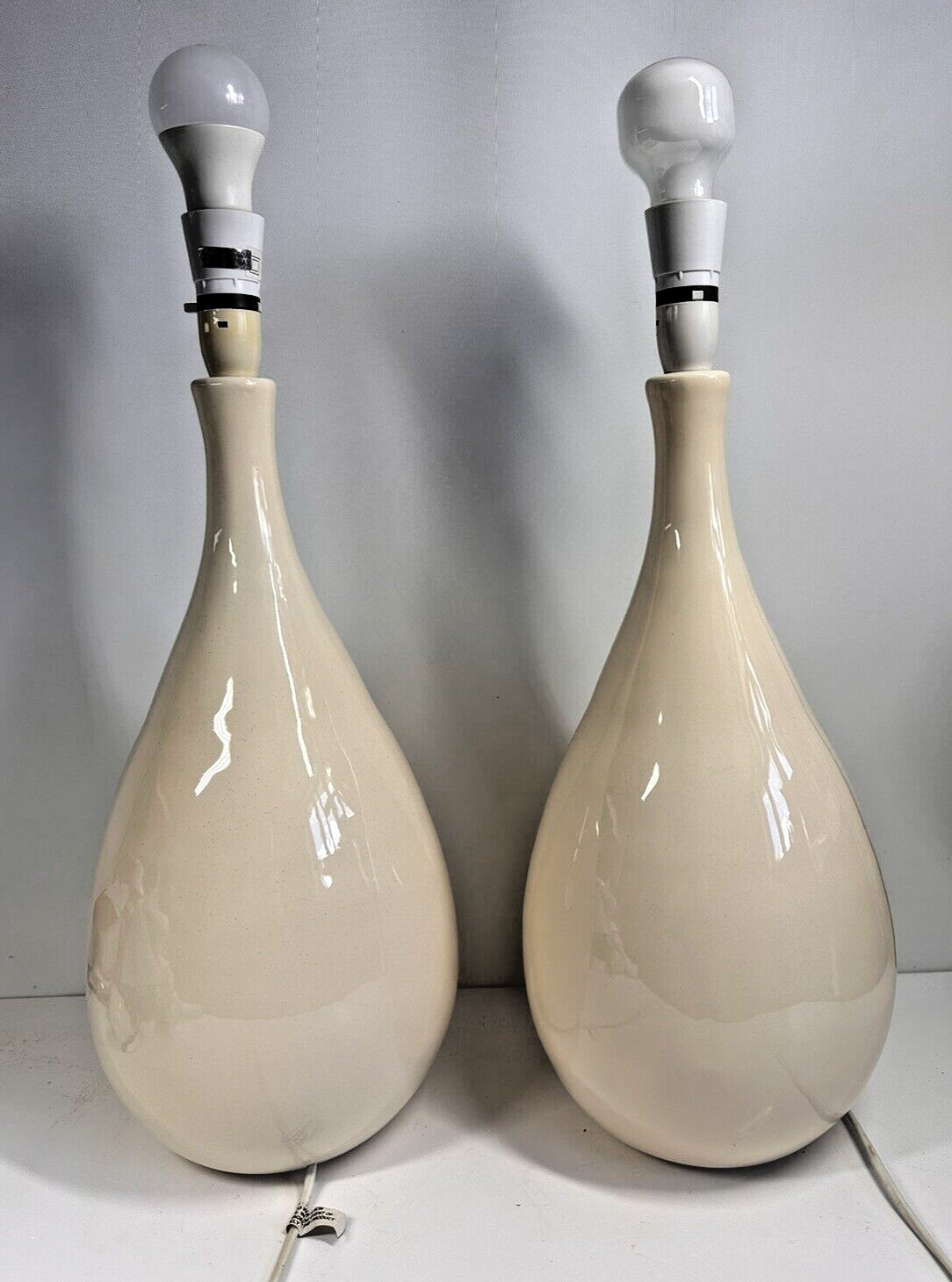 PAIR of LARGE POTTERY Tear Drop Shaped Table Lamps Ivory Colour very attractive