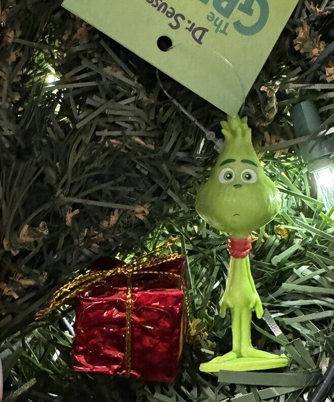 New Dr. Seuss The Grinch as Kid Child Christmas Tree Ornament w Shiny Present