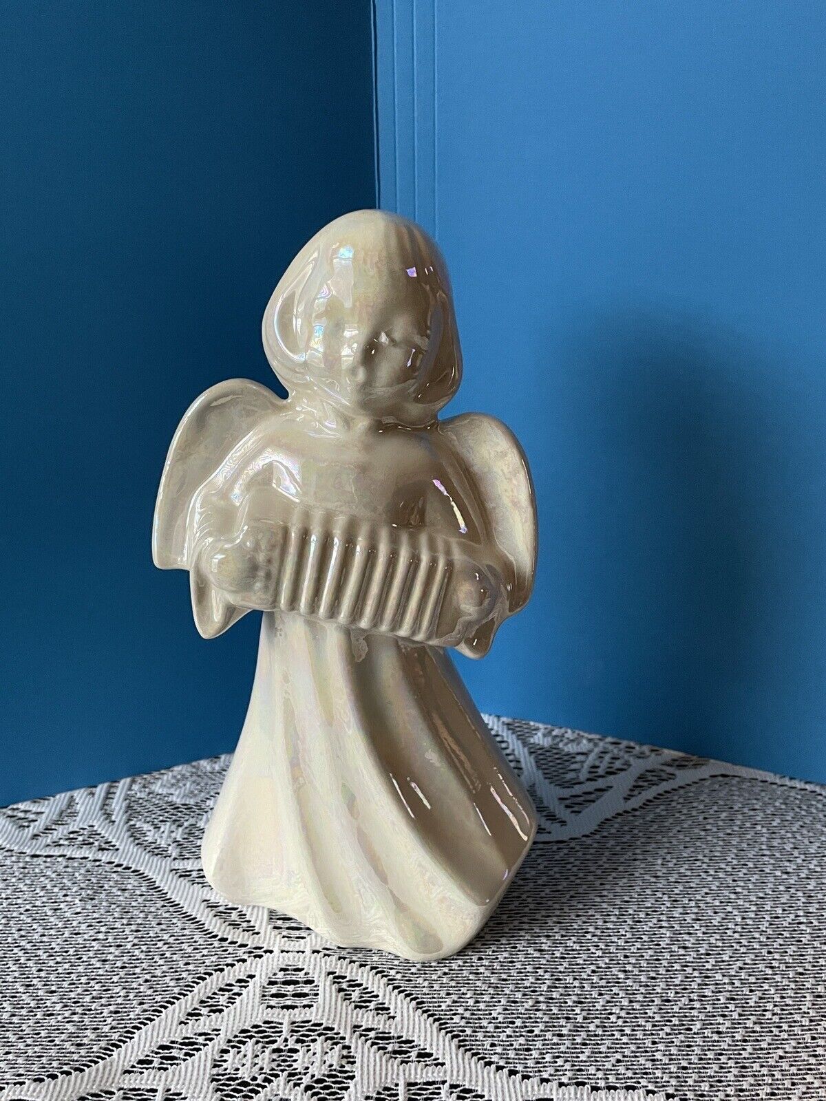 Vintage Ceramic Angel Playing Accordion Iridescent 8”