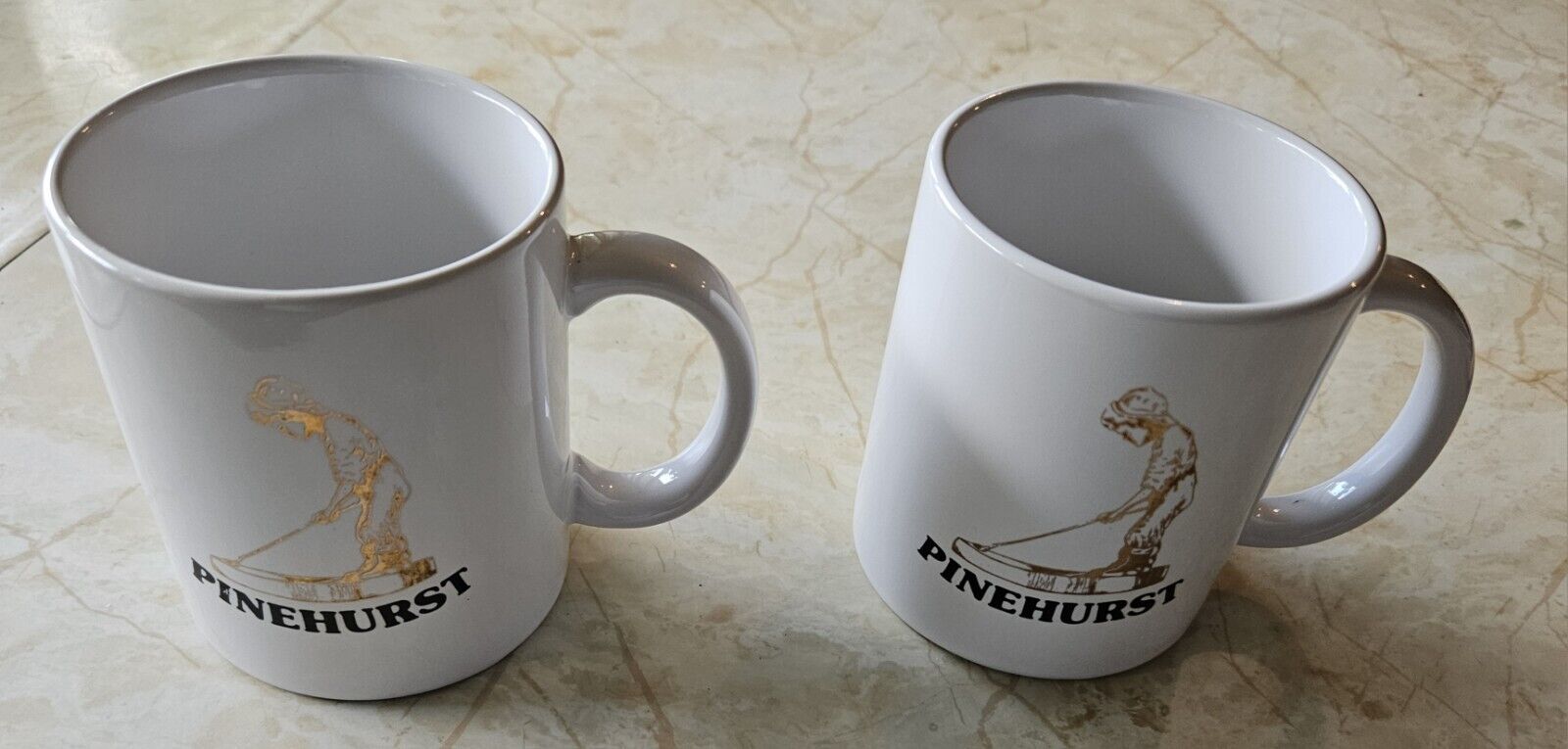 Pinehurst Gold Putter Boy Golf Mug White with Gold Coffee Tea Stoneware Set of 2