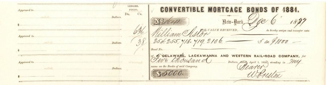 Delaware, Lackawanna and Western Rail-Road Co. Issued to Wm. Astor - Autographed