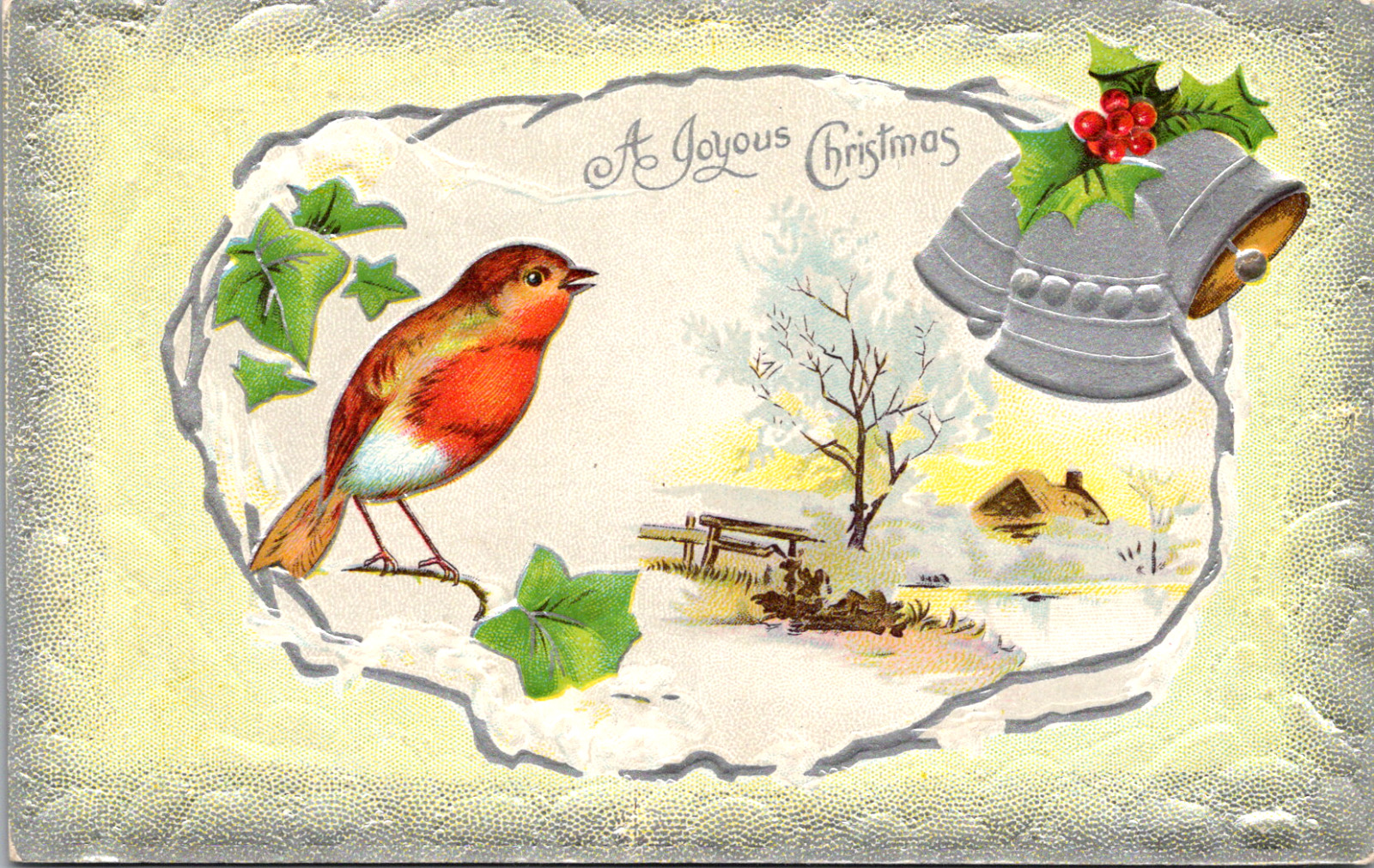 Vintage C 1910 A Joyous Christmas Bird Singing Blank Postcard Silver Bells Ring