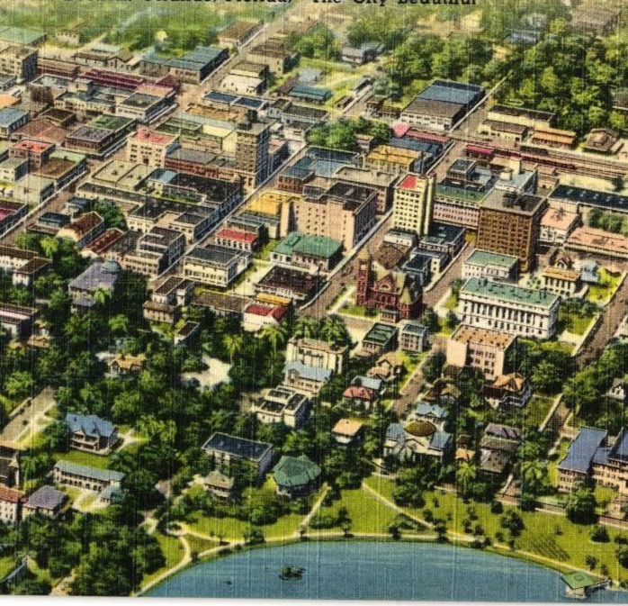 Postcard Florida Orlando Air View, Aerial, Business Section, Lake Eola, Unposted